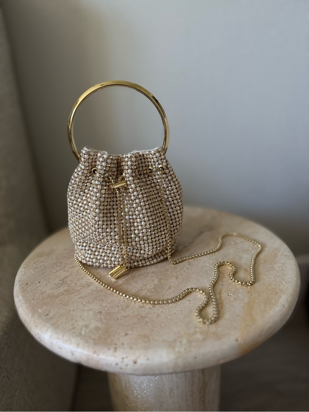 Madison West Pearl Rhinestone Bucket Bag Gold Handle Wedding Evening Bag - Picture 1 of 10